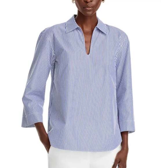 Lafayette 148 New York Bracelet Sleeve Popover Shirt XS Blue Stripe - Picture 1 of 7